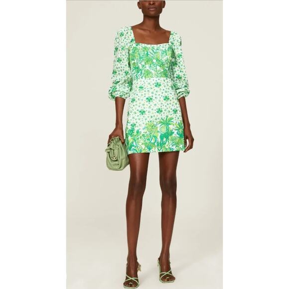 LILLY PULITZER Esteli Romper Size 4 Puff Sleeve Green Party Animals - Picture 3 of 15